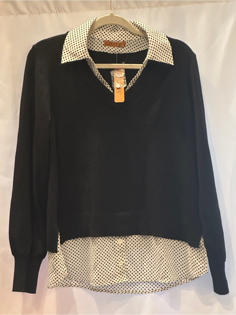 Belldini Two-Fer V-Neck Sweater L NWT Black White Polka Dot - Picture 2 of 6